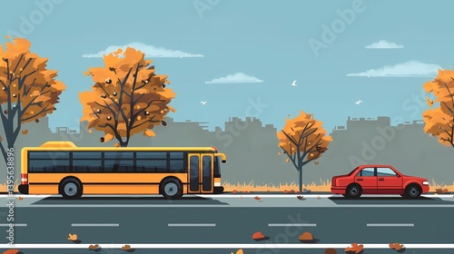 Obraz na płótnie A yellow bus is traveling on a flat, two-lane road and a red car is following it in the same direction, Generative AI illustrations. w salonie