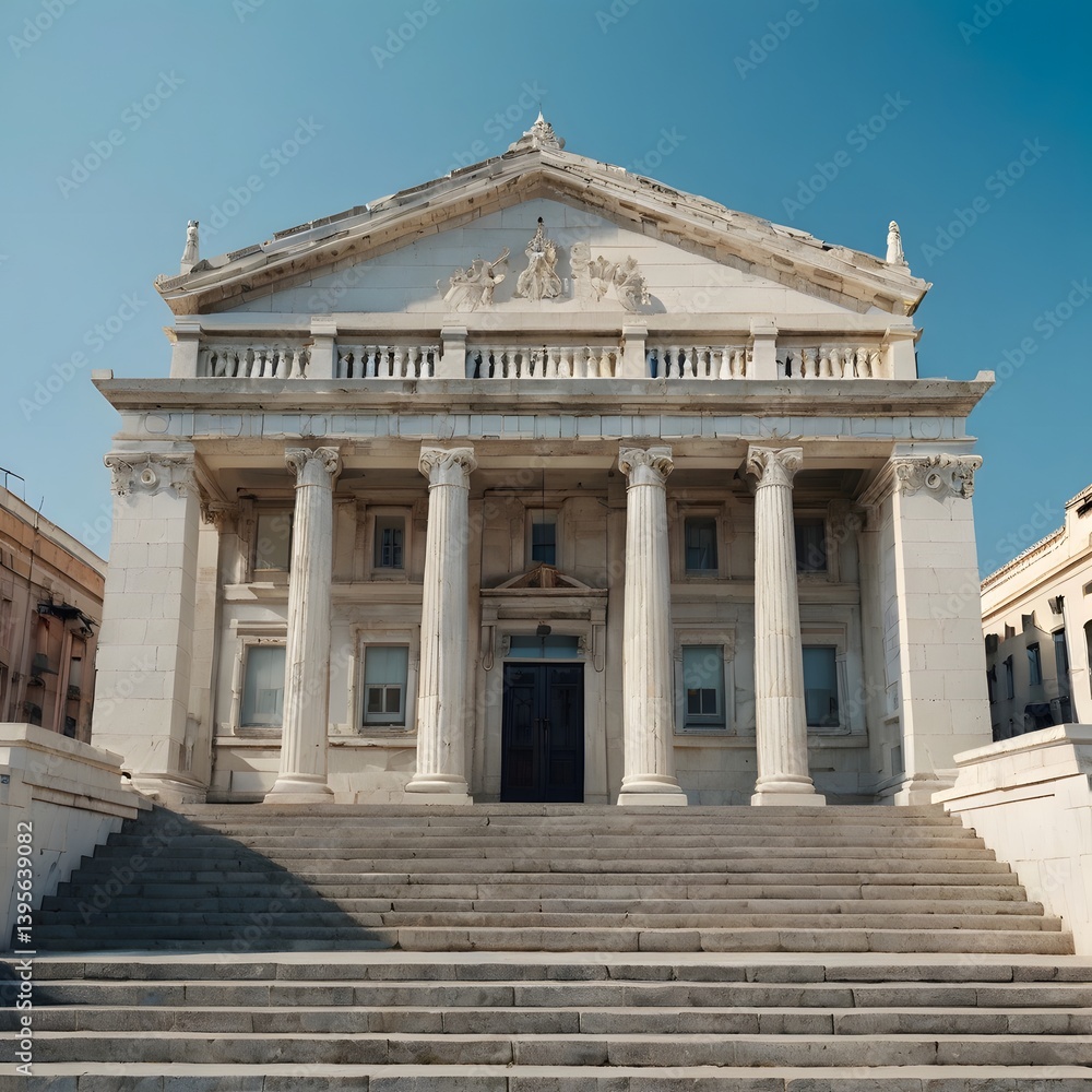 Fototapeta premium classical architecture with white stone facade, columns and stairs, front view under blue sky