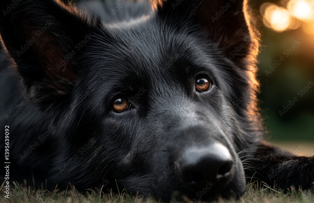 a black German Shepherd laying in the grass at sunset, with a blurred background
