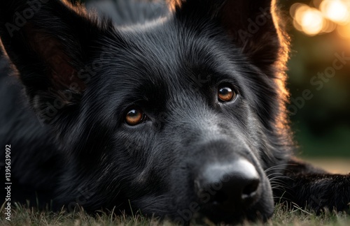 Obraz na płótnie a black German Shepherd laying in the grass at sunset, with a blurred background w salonie