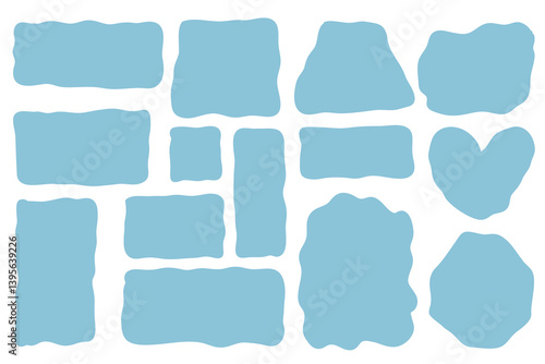 Organic blobs set. Abstract liquid shapes, fluid bubbles, wavy oval spot, curvy Amoeba rectangle box