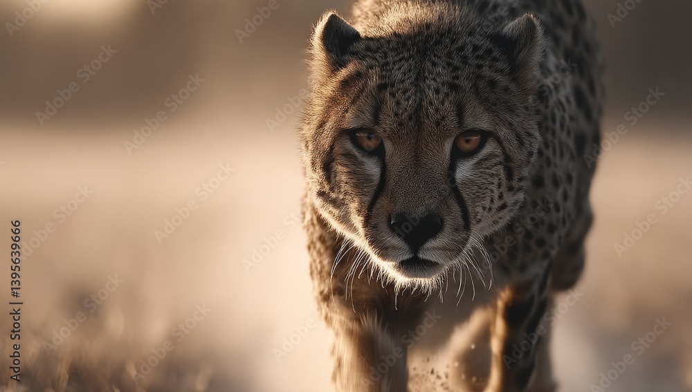a cheetah walking across a dirt field at sunset, with a blurred background a cheetah walking across a dirt field at sunset, with a blurred background