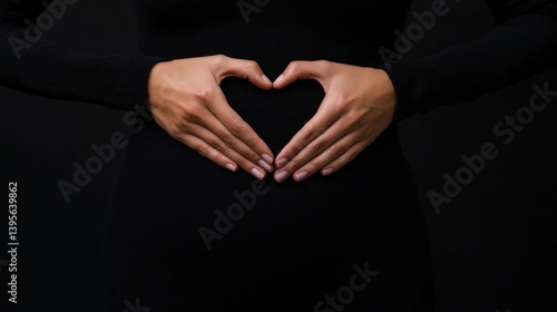 Woman's hands forming heart on belly, black background