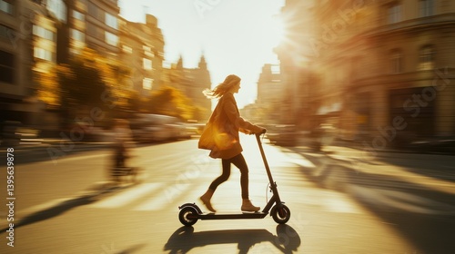 Woman riding e-scooter at sunset, city street, blurred background, urban transport