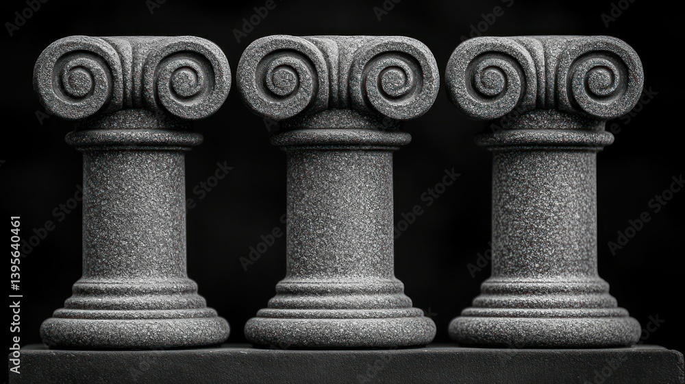 Fototapeta premium Three ancient stone pillars. Detailed carving, classical design, and strong form