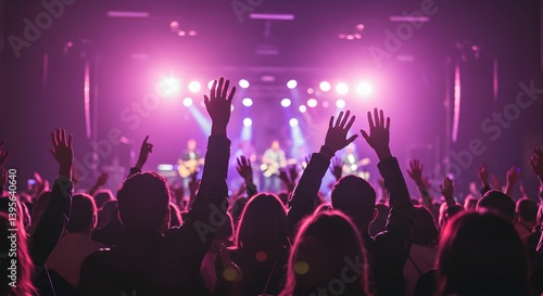A lively concert scene with a crowd of people raising their hands in excitement.
