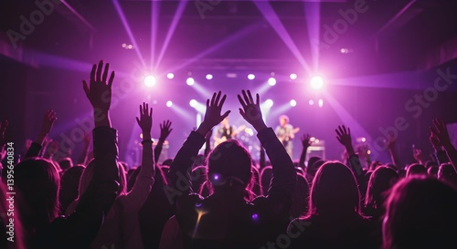 A lively concert scene with a crowd of people raising their hands in excitement.