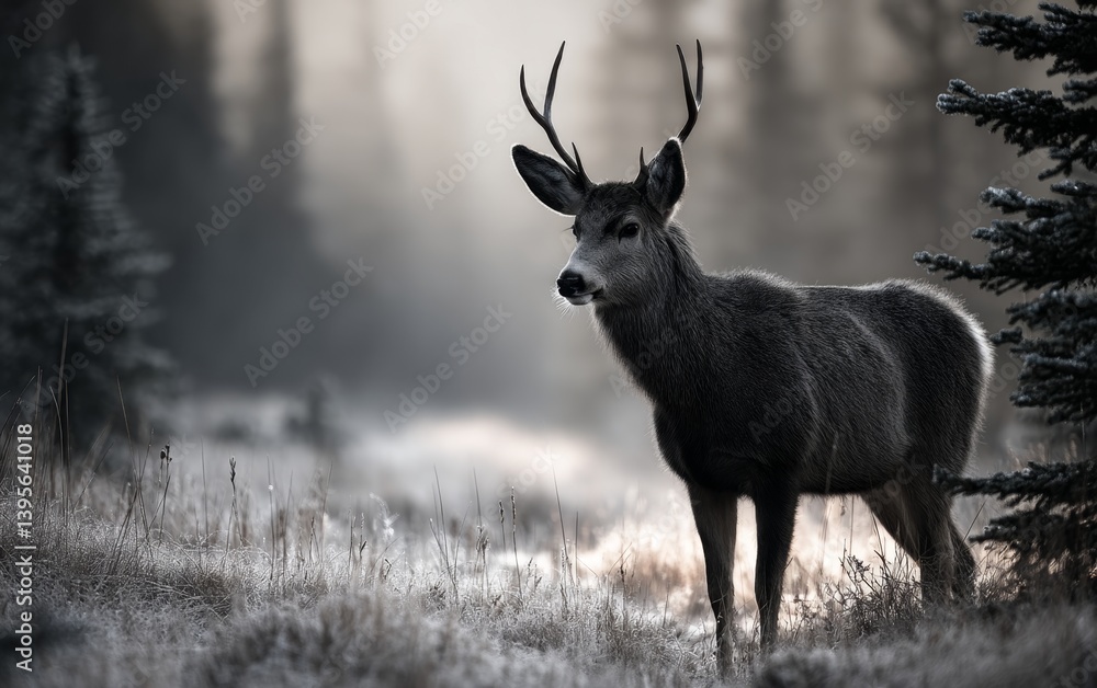 a black and white photo of a deer standing in the middle of a field, surrounded by grass and trees in the background