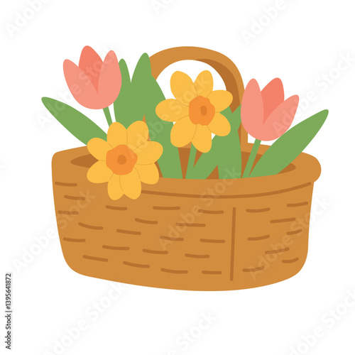 Colorful flat basket with tulips and daffodils. Bright spring doodle illustration for picnic themes.