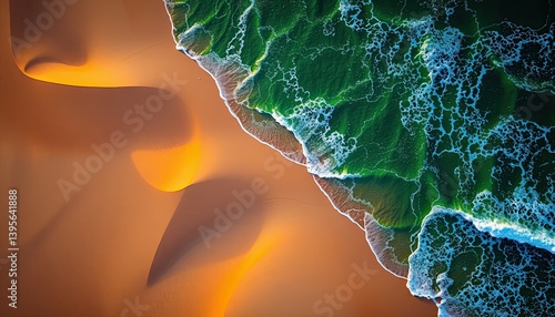 Aerial View of Desert Meeting Ocean at Sunset