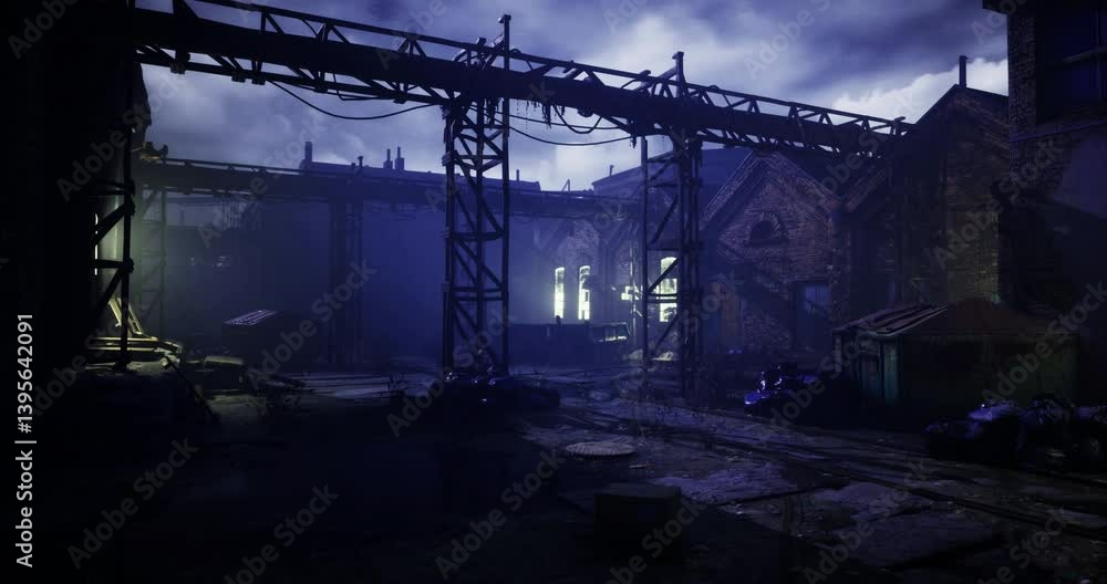 Dark and foggy atmosphere surrounds an abandoned warehouse, with scattered debris and dim lights piercing through the mist. The setting heightens the feeling of desolation. Dark and foggy atmosphere surrounds an abandoned warehouse, with scattered debris and dim lights piercing through the mist. The setting heightens the feeling of desolation.