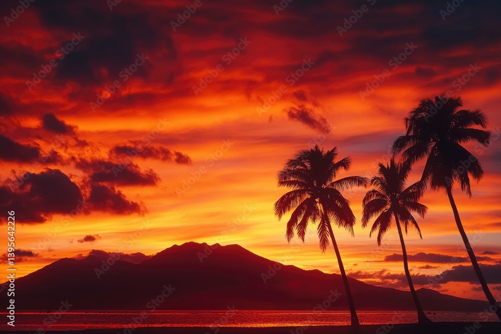 Fiery sunset over tropical island Fiery sunset over tropical island