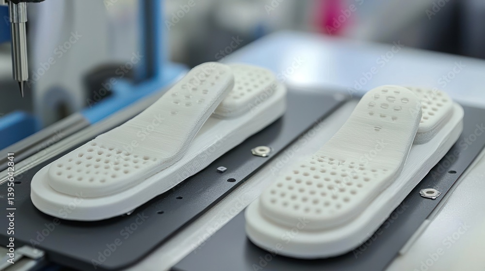© BAYU - Close-up view of white shoe soles on a manufacturing line, showcasing production process and equipment © BAYU - Close-up view of white shoe soles on a manufacturing line, showcasing production process and equipment