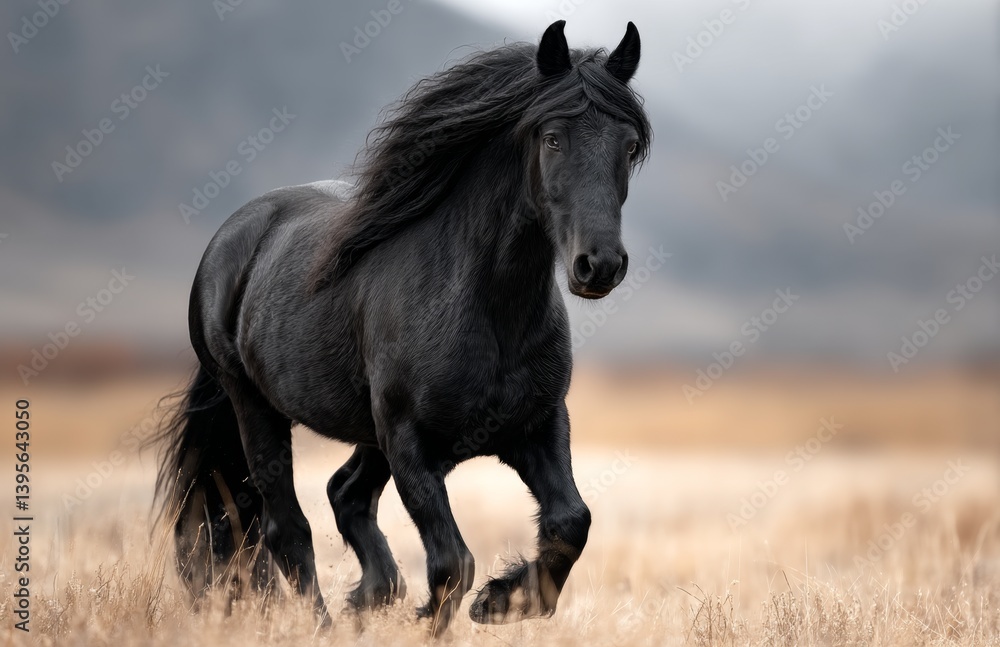 a black horse running through a field of tall grass, with a blurred background a black horse running through a field of tall grass, with a blurred background