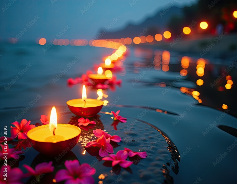 Serene Candles Floating on Water at Dusk - Peaceful Relaxation Scene