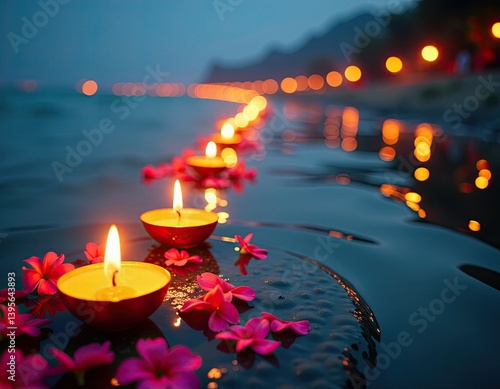 Obraz na płótnie Serene Candles Floating on Water at Dusk - Peaceful Relaxation Scene w salonie