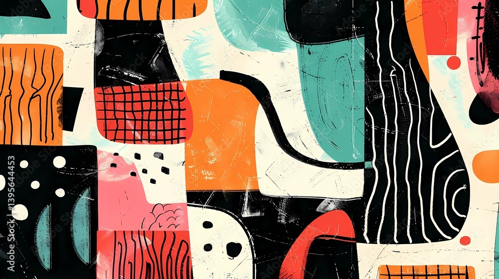 Abstract geometric organic uneven illustration, shapes, lines, hand drawn, woodblock prints, texture, Hand painted gouache set, Generative AI illustrations.