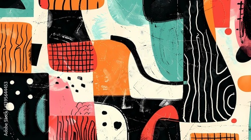 Obraz na płótnie Abstract geometric organic uneven illustration, shapes, lines, hand drawn, woodblock prints, texture, Hand painted gouache set, Generative AI illustrations. w salonie