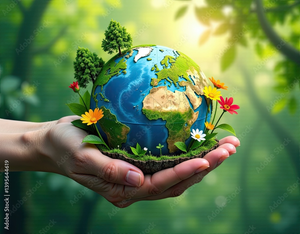 Earth Day Hands Holding Miniature Planet with Lush Greenery and Flowers