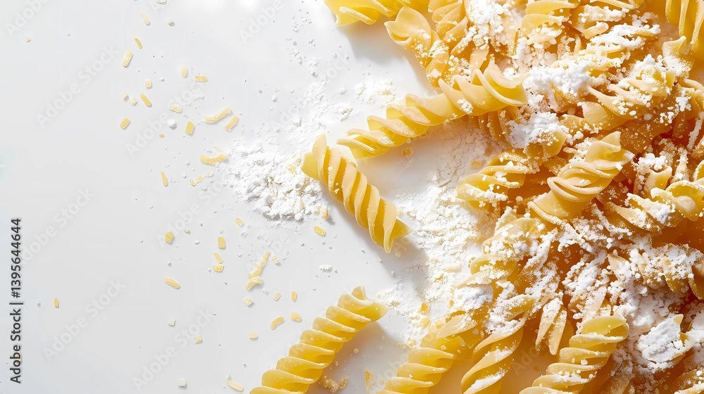 A fresh, uncooked pasta on a pristine white background, viewed from above, Generative AI illustrations. A fresh, uncooked pasta on a pristine white background, viewed from above, Generative AI illustrations.