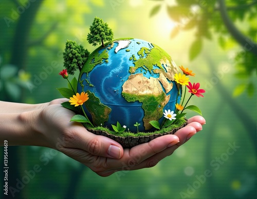 Obraz na płótnie Earth Day Hands Holding Miniature Planet with Lush Greenery and Flowers w salonie