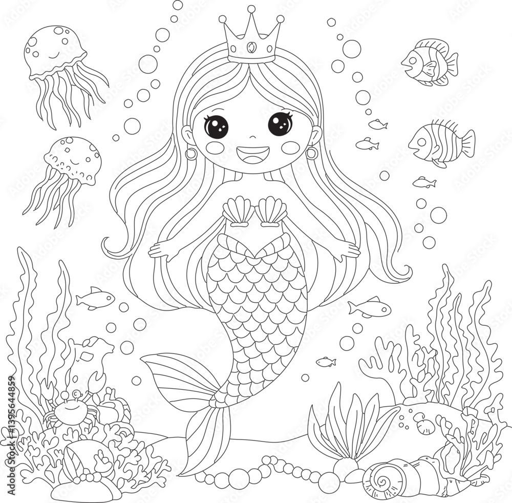 Fototapeta premium Cute underwater mermaid princess coloring page for kids with sea animals, coral reef, and ocean background illustration for creative and fun children's coloring activity