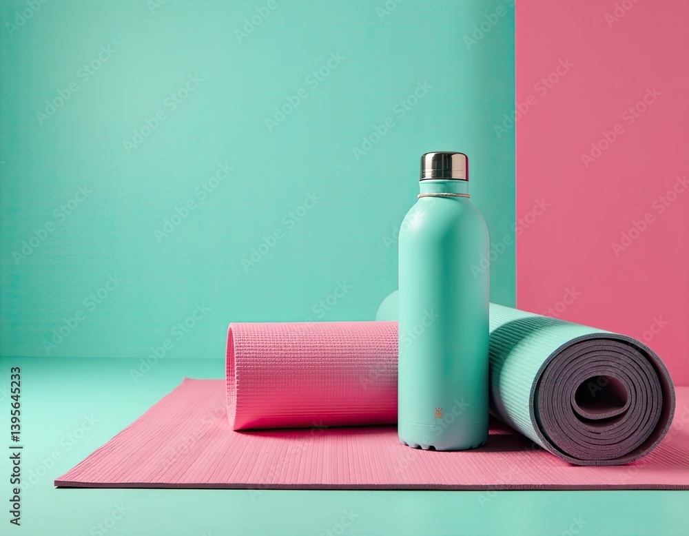 Pink Yoga Mat, Teal Water Bottle, Fitness Accessories, Healthy Lifestyle