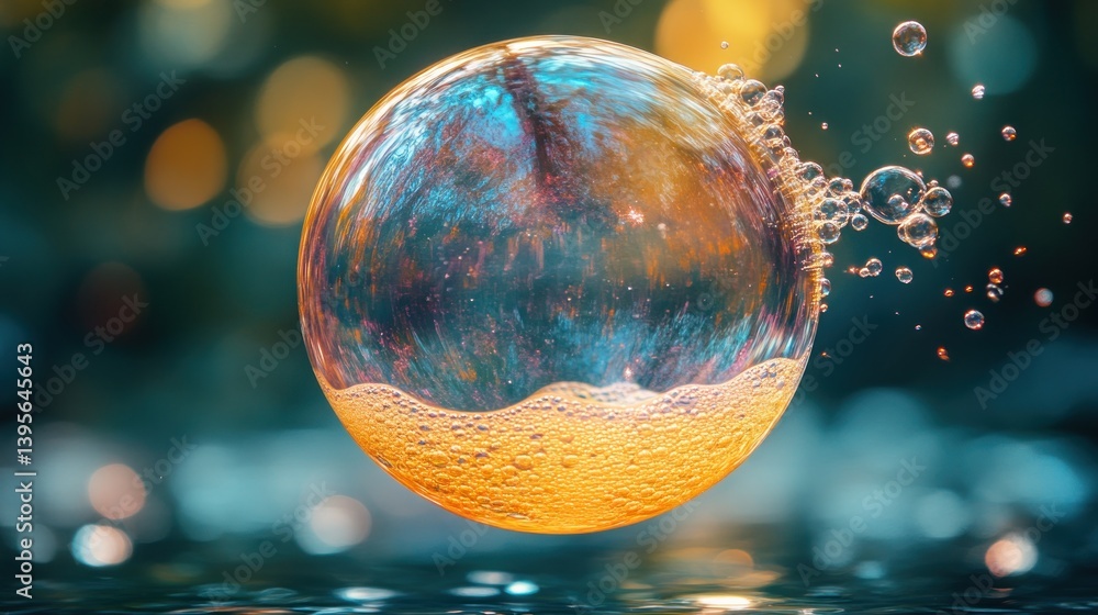 A vibrant soap bubble floating above a shimmering water surface, reflecting colorful bokeh lights A vibrant soap bubble floating above a shimmering water surface, reflecting colorful bokeh lights