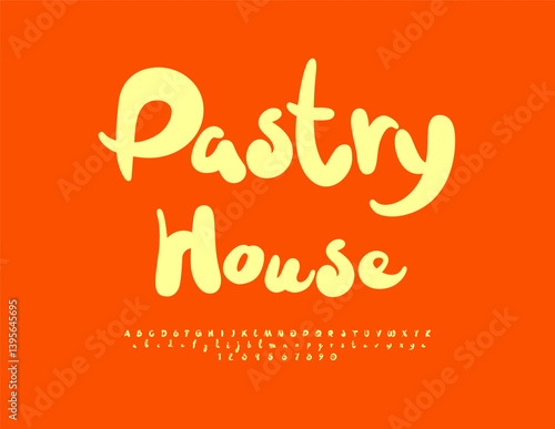 Vector Culinary logo Pastry House. Bright Funny Font. Yellow Handwritten Alphabet Letters and Numbers set