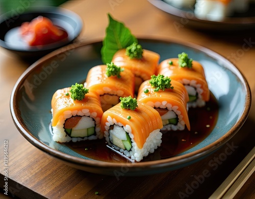 Delicious Salmon Sushi Rolls on a Plate