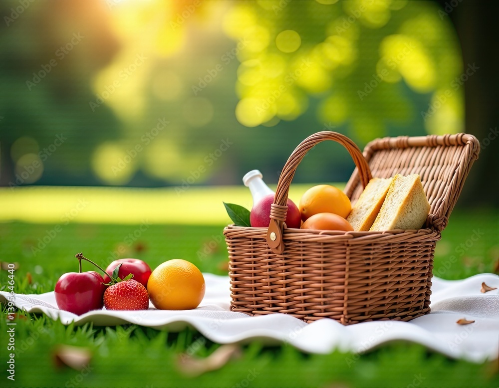 Summer Picnic Basket with Fruits and Bread in a Sunny Park