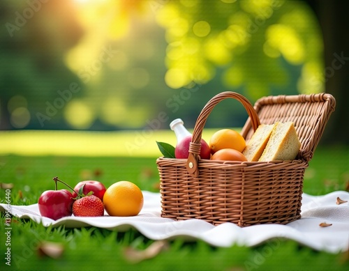 Obraz na płótnie Summer Picnic Basket with Fruits and Bread in a Sunny Park w salonie