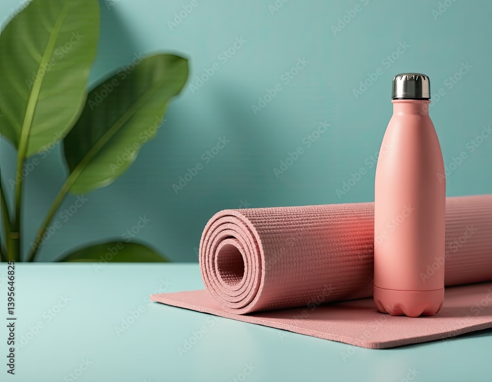Pink Yoga Mat and Water Bottle - Healthy Lifestyle Concept