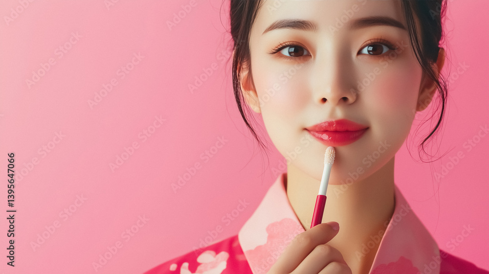 beautiful Asian woman with fair skin applies lip gloss with brush against solid pink background beautiful Asian woman with fair skin applies lip gloss with brush against solid pink background
