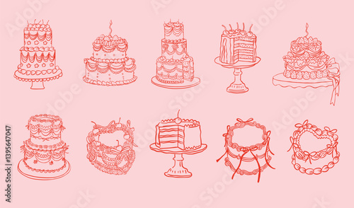 Whimsical wedding birthday cake collection. Hand-drawn cakes line art illustration set. 