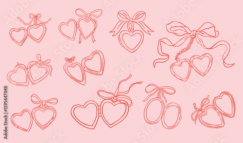 Whimsical heart lockets wedding illustration set. Vintage line art heart locket collection.