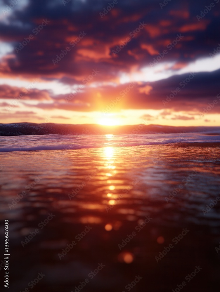 Obraz premium Tranquil ocean sunset with vibrant clouds and reflection on water surface.