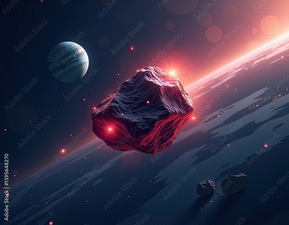 Asteroid Approaching Planet, Space Rock, Cosmic Collision, Sci-Fi Artwork