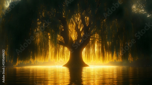 Golden Weeping Willow Tree at Sunset Reflected in Dark Water