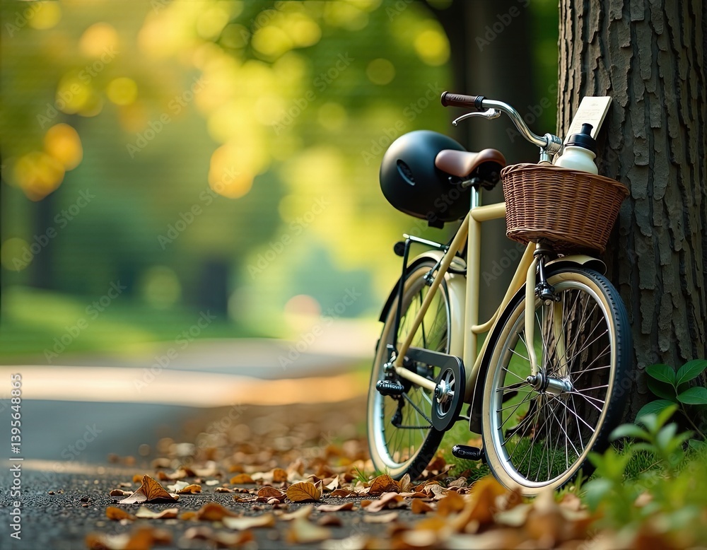 Vintage Bicycle Leaned Against Tree in Autumn Park