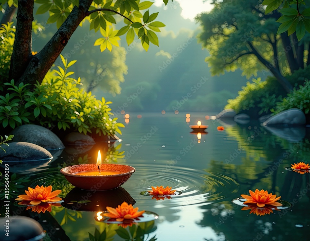 Serene Floating Candle and Lotus Flowers in Tranquil Pond - Peaceful Zen Garden Scene