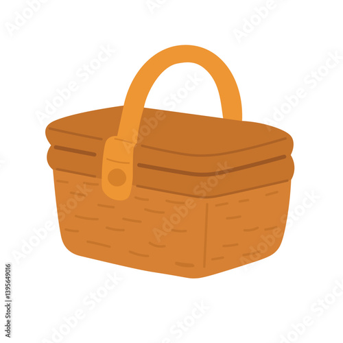 Flat cartoon picnic basket with handle and lid. Cute summer doodle illustration for picnic theme.
