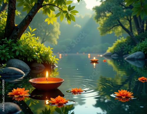 Obraz na płótnie Serene Floating Candle and Lotus Flowers in Tranquil Pond - Peaceful Zen Garden Scene w salonie