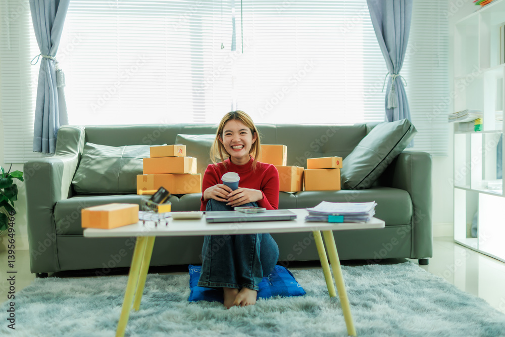 A young woman sits back and relaxes with a cup of coffee after checking the customers' tracking numbers. A young woman sits back and relaxes with a cup of coffee after checking the customers' tracking numbers.