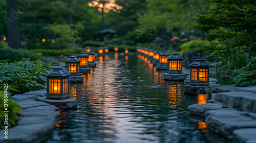Illuminated Lanterns Floating on a Serene Garden Pond at Night