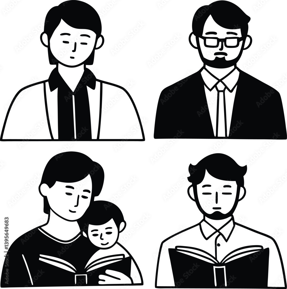 Diverse Men in Various Roles, Black and White Illustrations Diverse Men in Various Roles, Black and White Illustrations