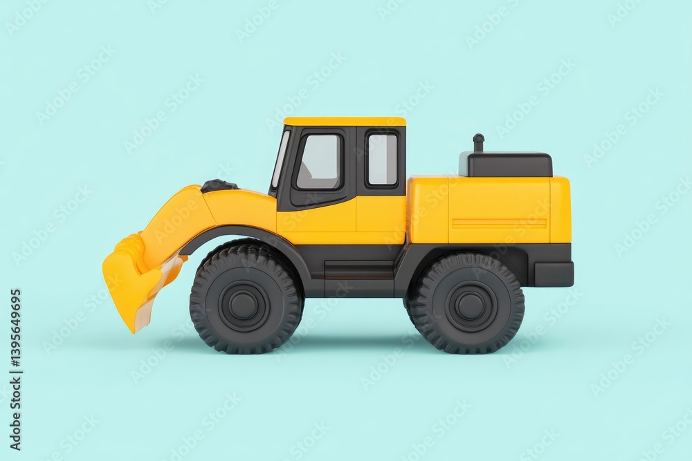 Side view of a toy yellow bulldozer. A simple, cartoon-like representation of a construction vehicle, featuring a yellow cab and bucket, black tires, and a dark gray chassis Side view of a toy yellow bulldozer. A simple, cartoon-like representation of a construction vehicle, featuring a yellow cab and bucket, black tires, and a dark gray chassis