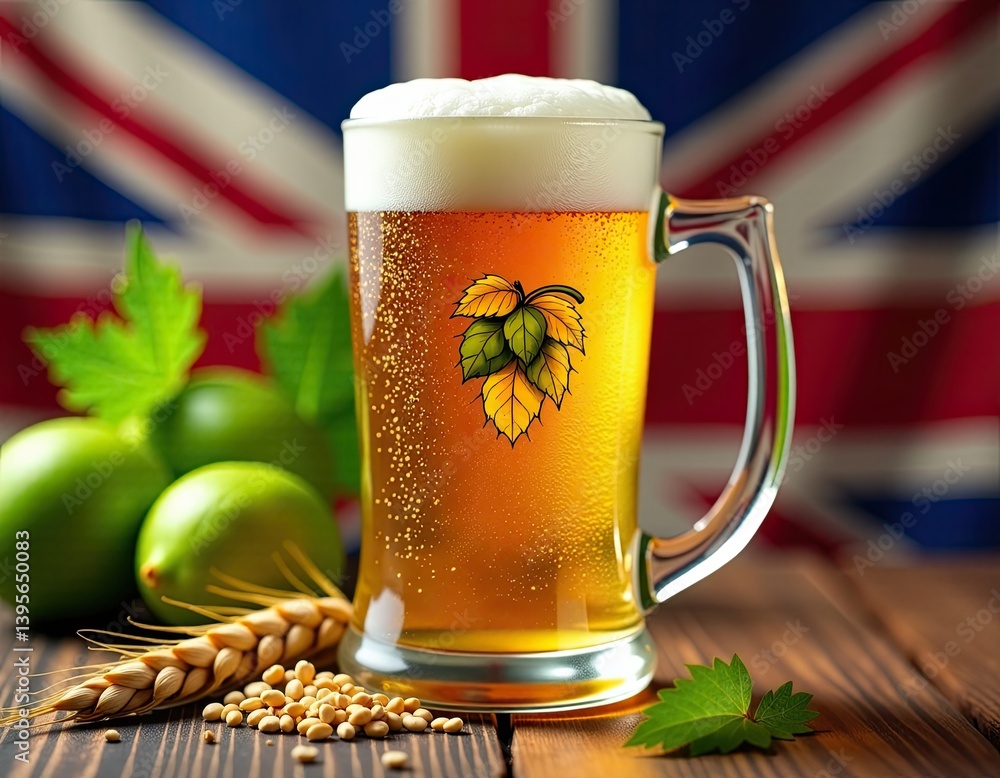 Pint of British Ale with Hops and Barley - UK Flag Background