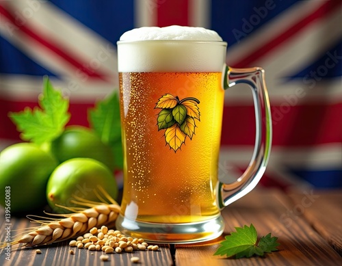 Obraz na płótnie Pint of British Ale with Hops and Barley - UK Flag Background w salonie