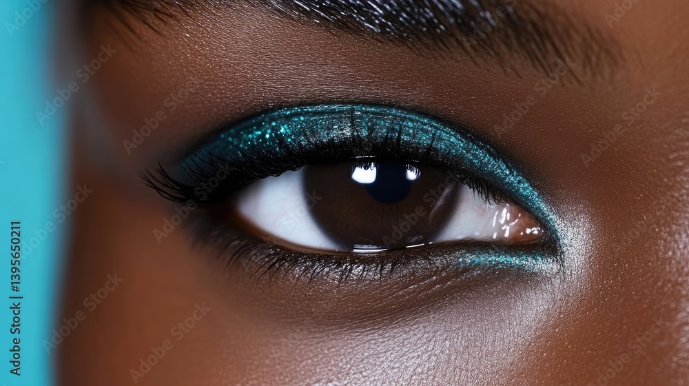 Fototapeta premium Close-up of a woman's eye with vibrant teal eyeshadow and eyeliner. Dark brown eye, highlighting the beauty of the skin tone